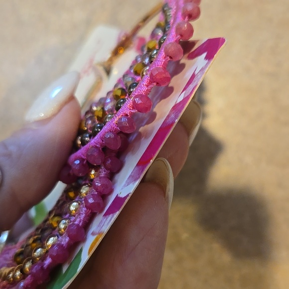 New Lilly Pulitzer Bougainvillea Pink Statement Hoop Crochet Beaded Earrings - Picture 4 of 10